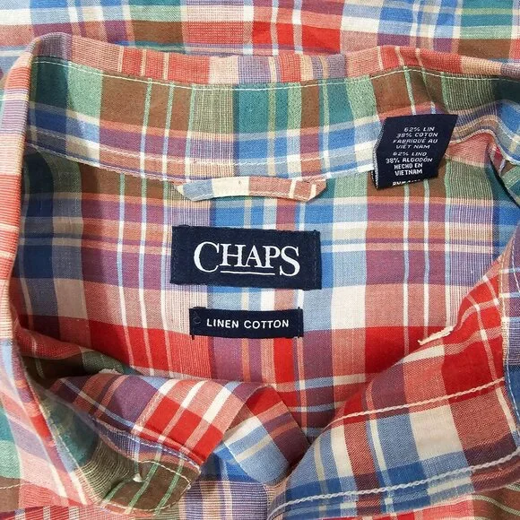 Ralph Lauren Chaps Linen Blend Colorful Plaid Shirt Mens Sz L Preppy Work Casual - Picture 7 of 9